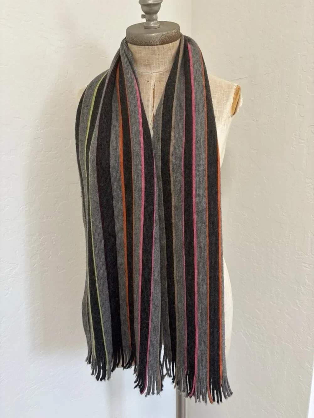 Paul Smith Multicolor Stripe Muffler Charcoal & Gray Scarf Fringe